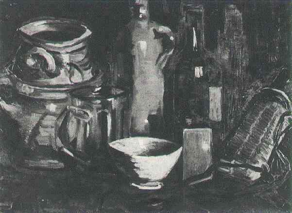 Картина Ван Гога Натюрморт с глиняной посудой, пивным стаканом и бутылями 1884